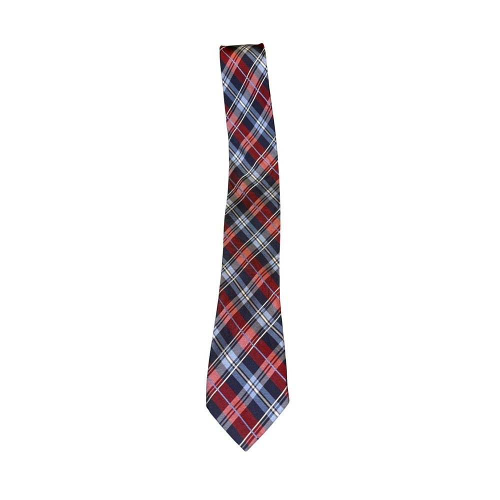 Nautica Silk Tie OS Red Navy Blue Plaid Pattern Necktie